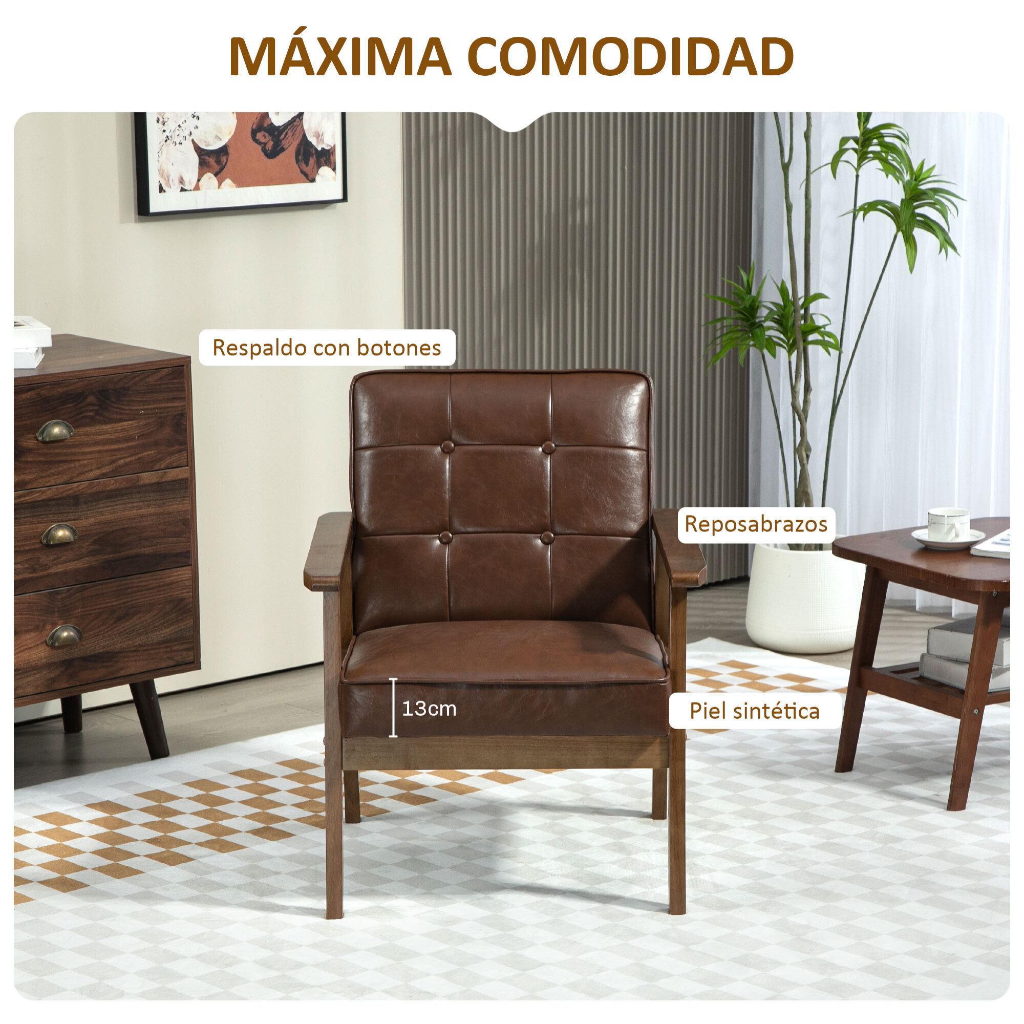 Sillón Individual Sofá Individual Tapizado en PU con Reposabrazos de Madera Respaldo Acolchado Carga 120 kg Sillón para Salón Dormitorio Marrón