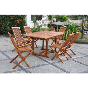 Table rectangulaire 4 chaises et 2 fauteuils en teck huilé NARRA