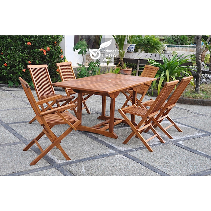 Table rectangulaire 4 chaises et 2 fauteuils en teck huilé NARRA