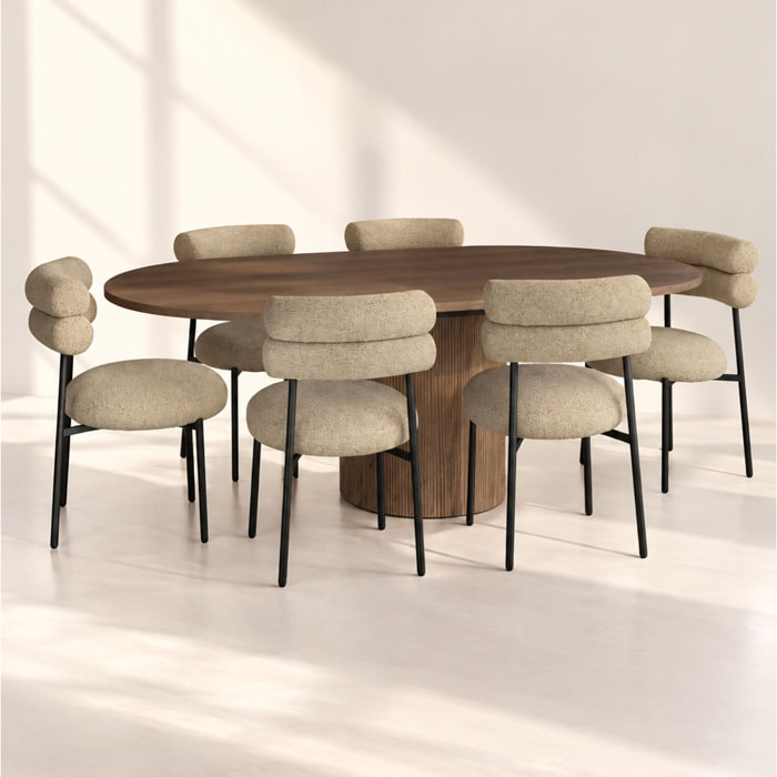 Ensemble table extensible effet noyer et 6 chaises tissu tweed beige