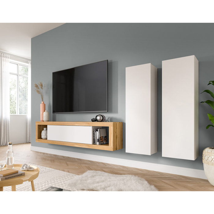 Ethan – meuble tv 150 cm + 2 armoires murales 110 cm - bois et blanc - Bois / Blanc