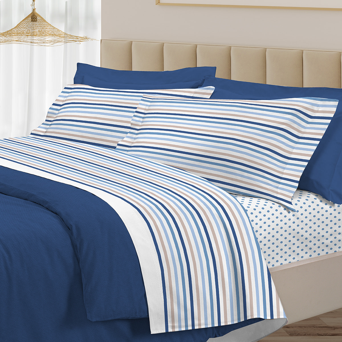Completo letto riga dots azzurro 100% cotone