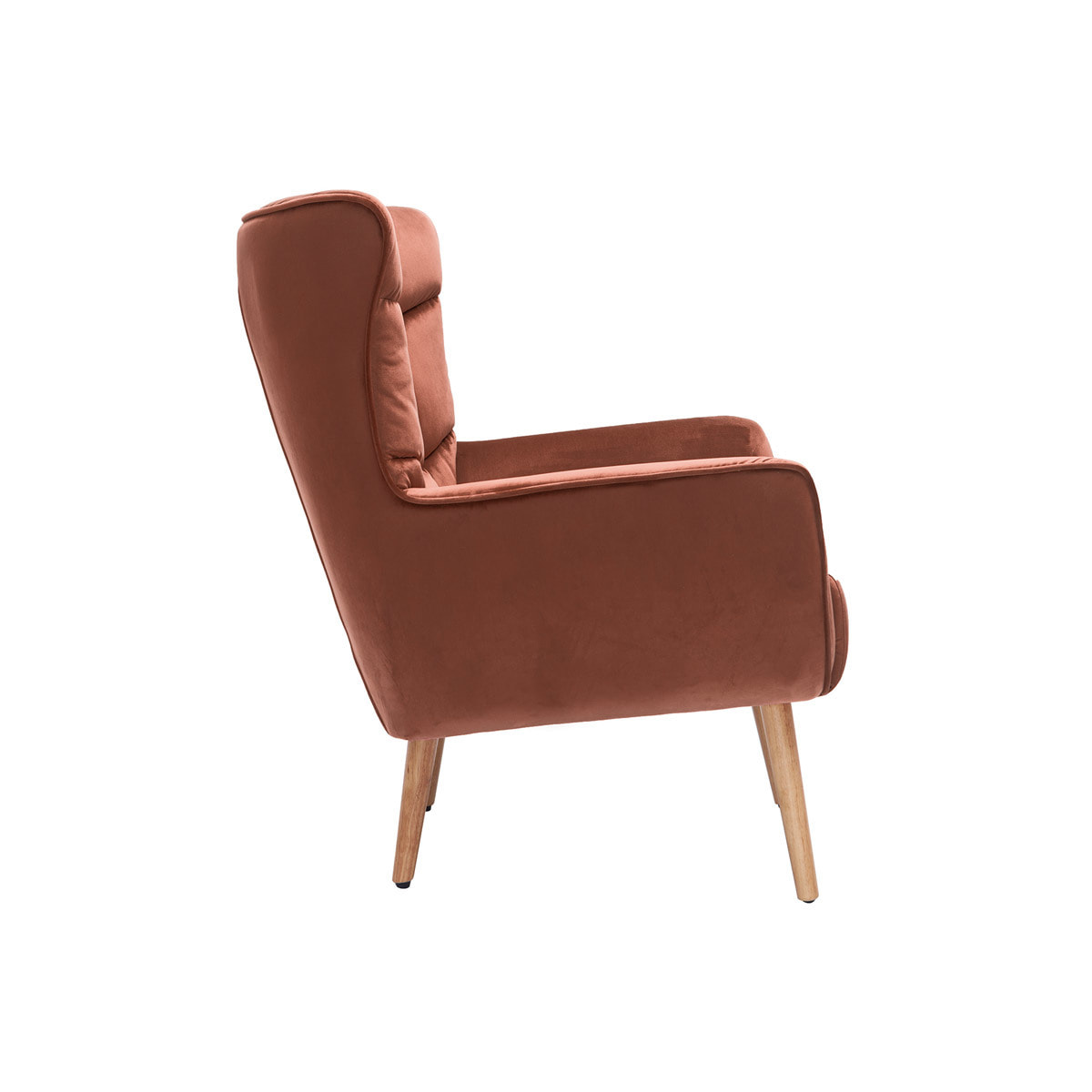 Fauteuil scandinave en tissu velours rouge tomette et bois clair AVERY