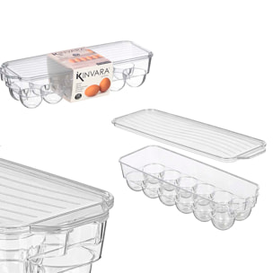 Porta uova allungata trasparente con 12 cavità e coperchio.