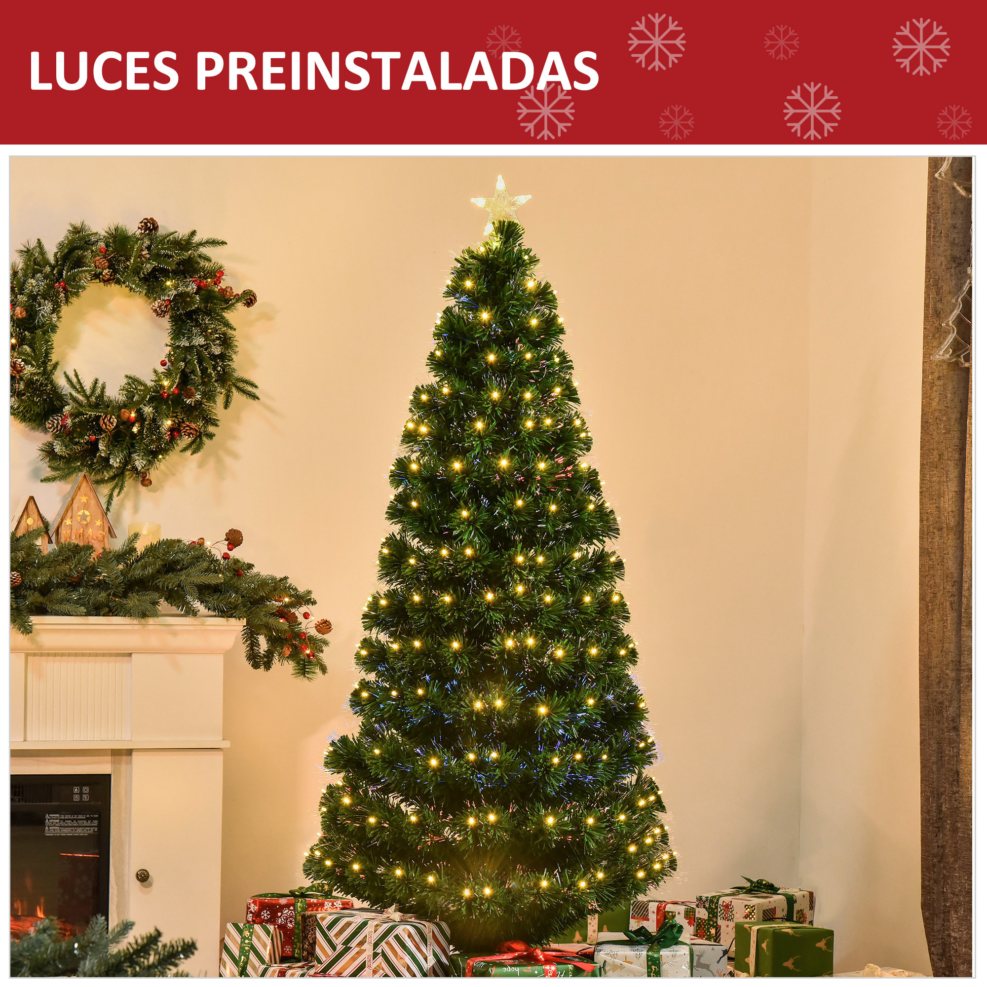 árbol de Navidad con Luces LED de PVC y Metal 82x180cm Verde