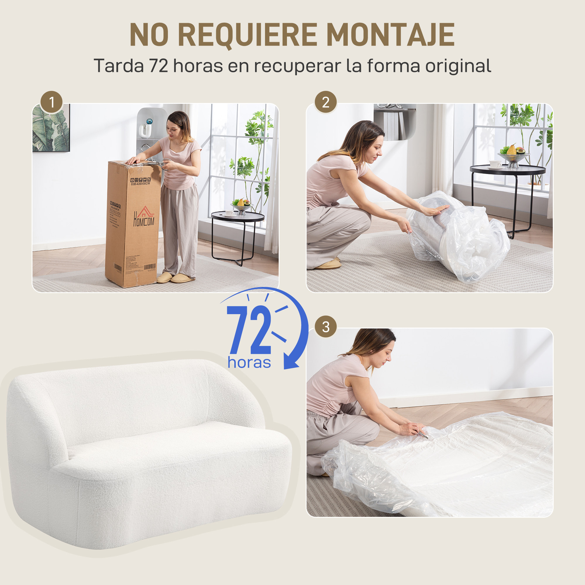 Sofá de 2 Plazas Tapizado en Borreguito Sofá de Salón de 142 cm con Diseño Curvo Acolchado Grueso No Requiere Montaje para Dormitorio Sala de Estar Oficina Crema