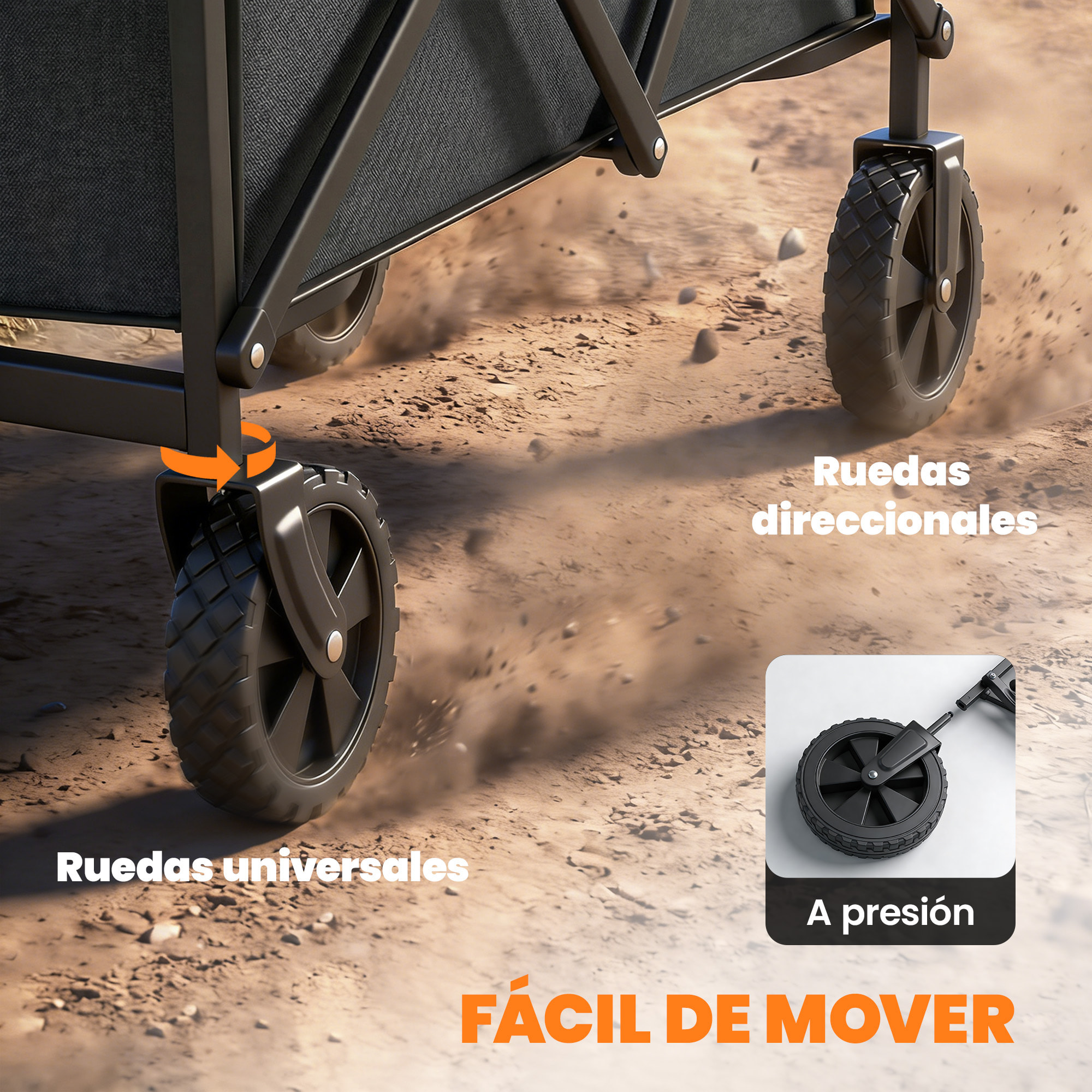 Carro Playa con Ruedas, Carro de Jardín Plegable con Mango Ajustable, Marco de Metal, Carga 68 kg, Carrito Transporte para Todo Terreno, Jardín, Campaña, Compra, Negro