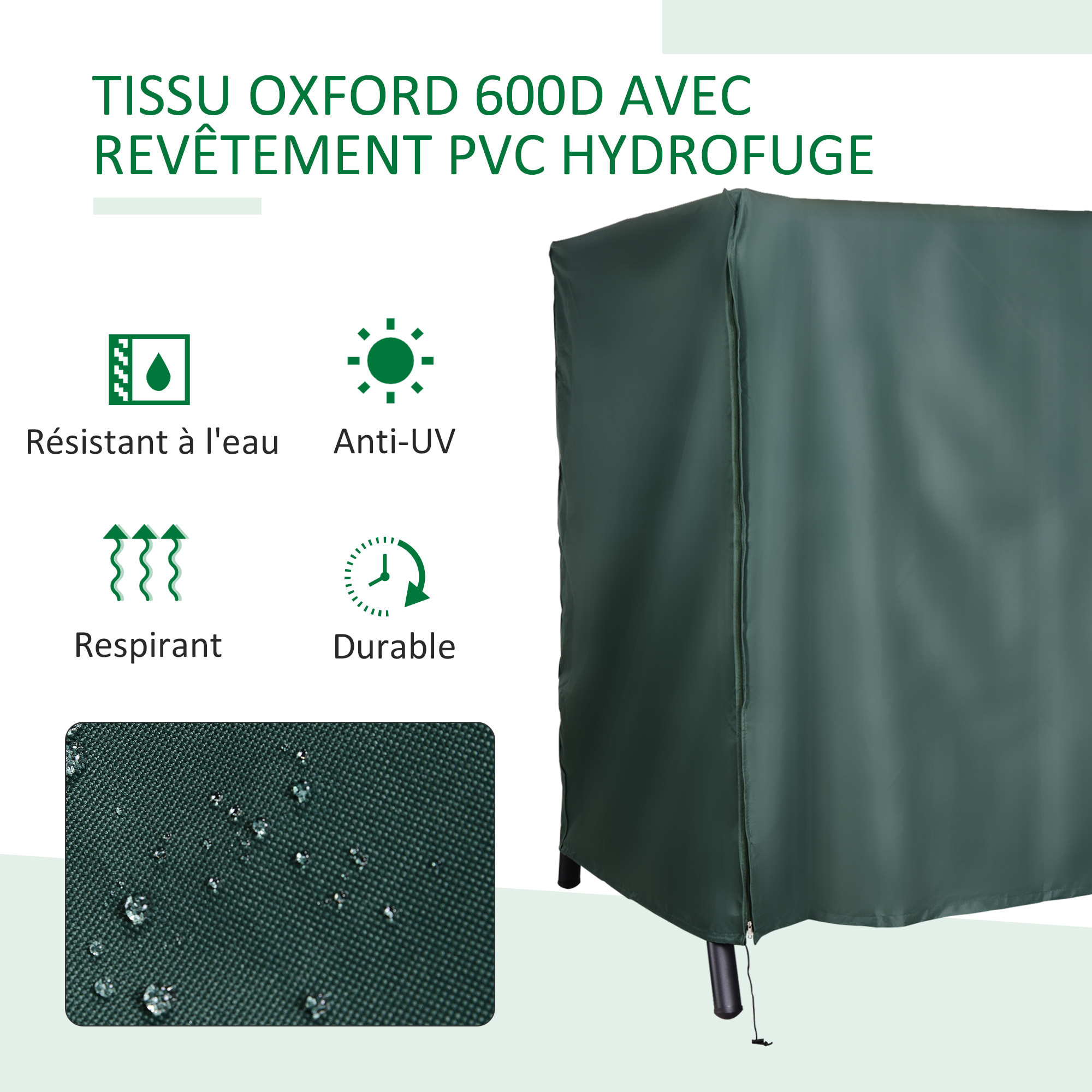 Housse de protection balancelle de jardin 3 places bâche étanche dim. 2,05L x 1,24l x 1,64H m polyester PVC haute densité vert