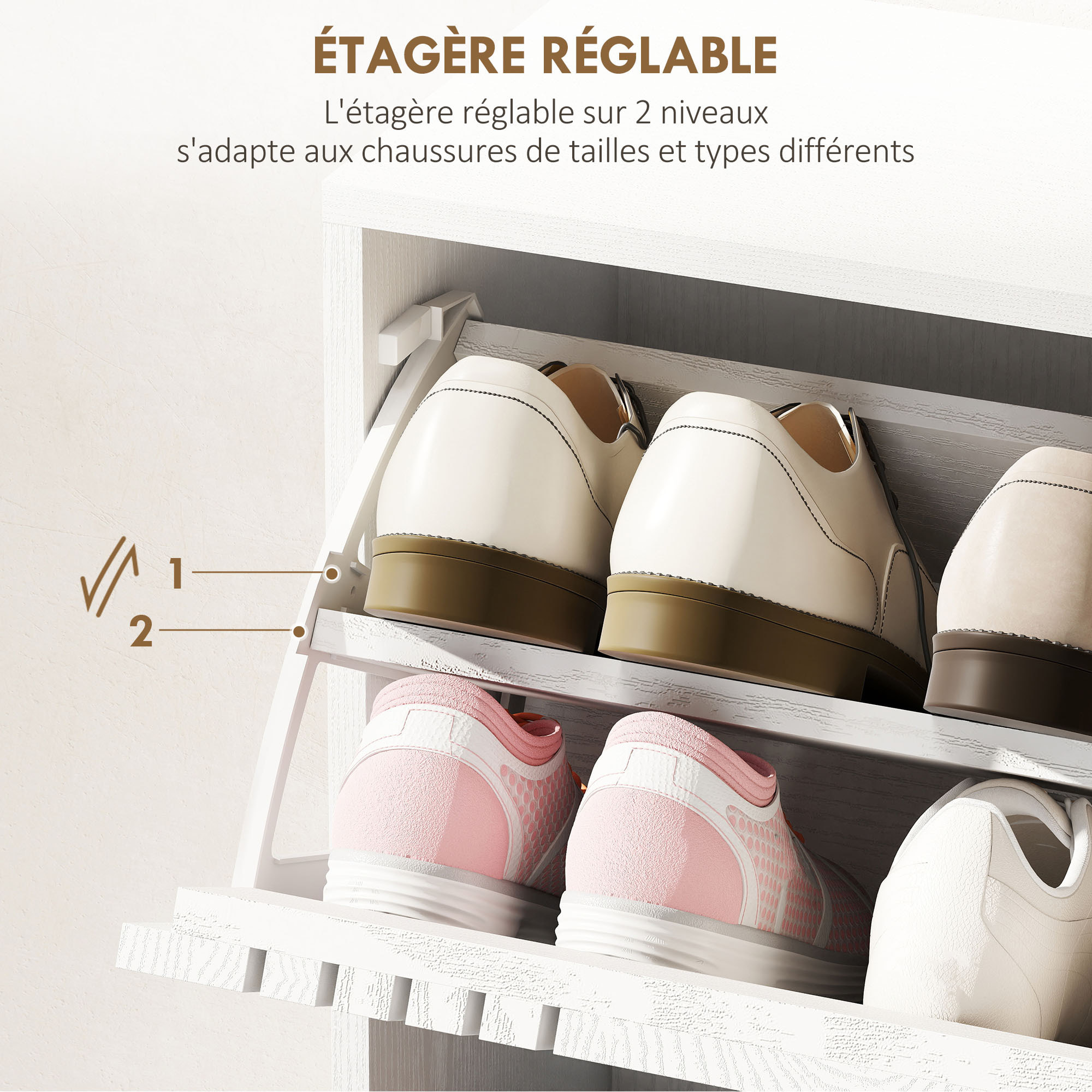 Meuble à chaussures design Urban Craft 3 portes abattantes 3 étagères poignées métal noir aspect bois blanc