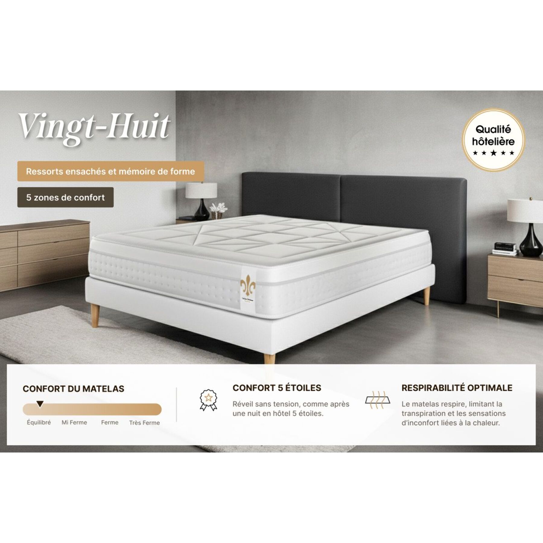 Ensemble Matelas Vingt-Huit - 28cm - Ressorts ensachés et mémoire de forme - Soutien point par point - Sommier Tapissier Gris