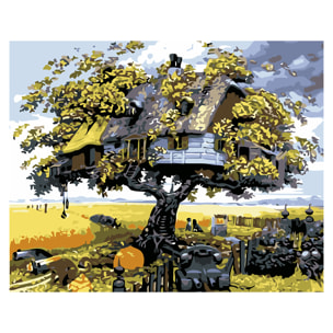 Tela con disegno da dipingere con i numeri, di 40x50cm. Design casa sull'albero. Include pennelli e colori necessari.