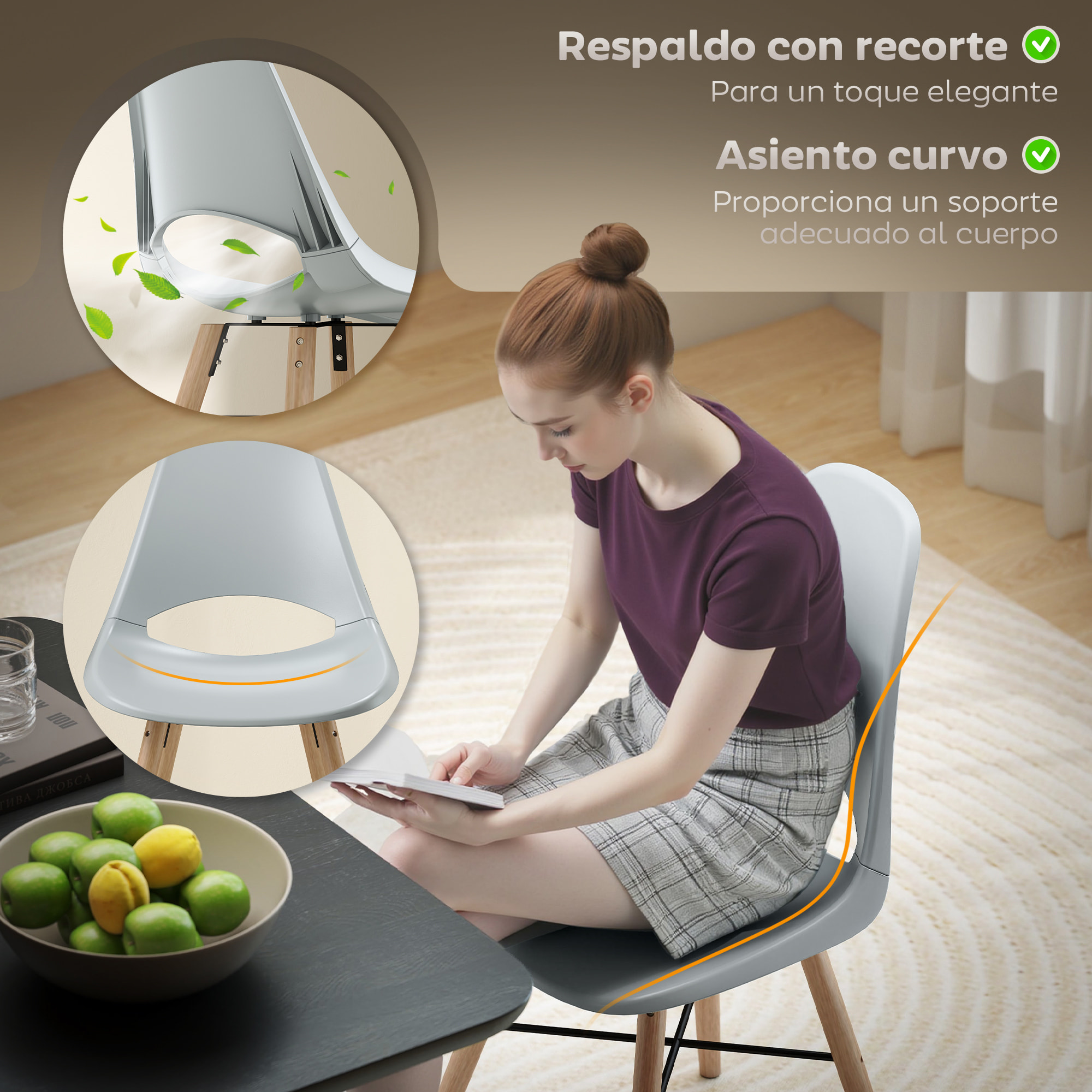 Pack de 2 Sillas de Comedor de Plástico Sillas de Cocina Modernas con Respaldo Curvado y Patas de Madera de Caucho Carga 120 kg para Sala de Estar Dormitorio Gris
