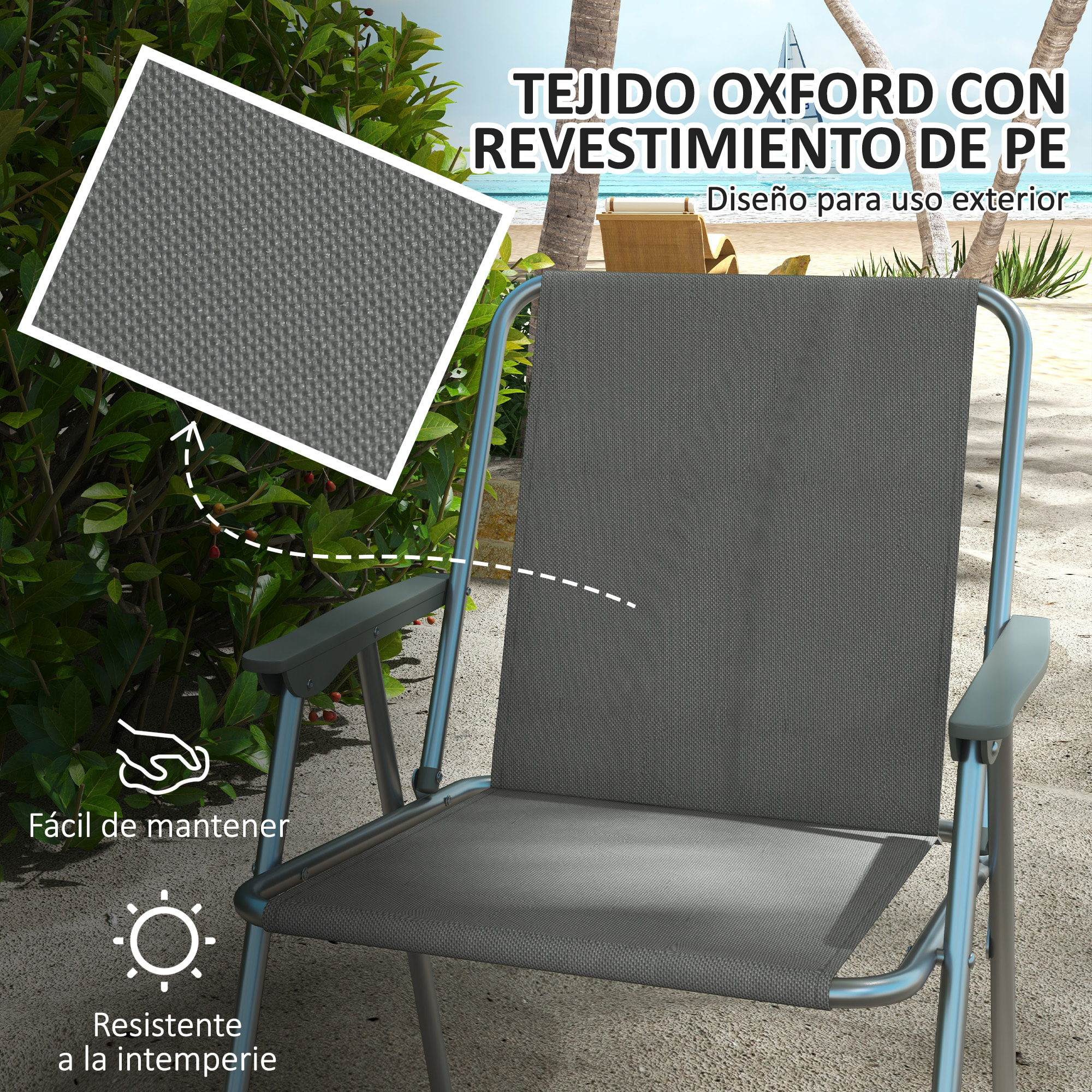 Juego de 4 Sillas de Camping Plegables Sillas Plegables de Jardín Exterior Acolchadas en Tela Oxford con Marco de Acero y Reposabrazos Carga 120 kg para Terraza Playa 53x54x76 cm Gris