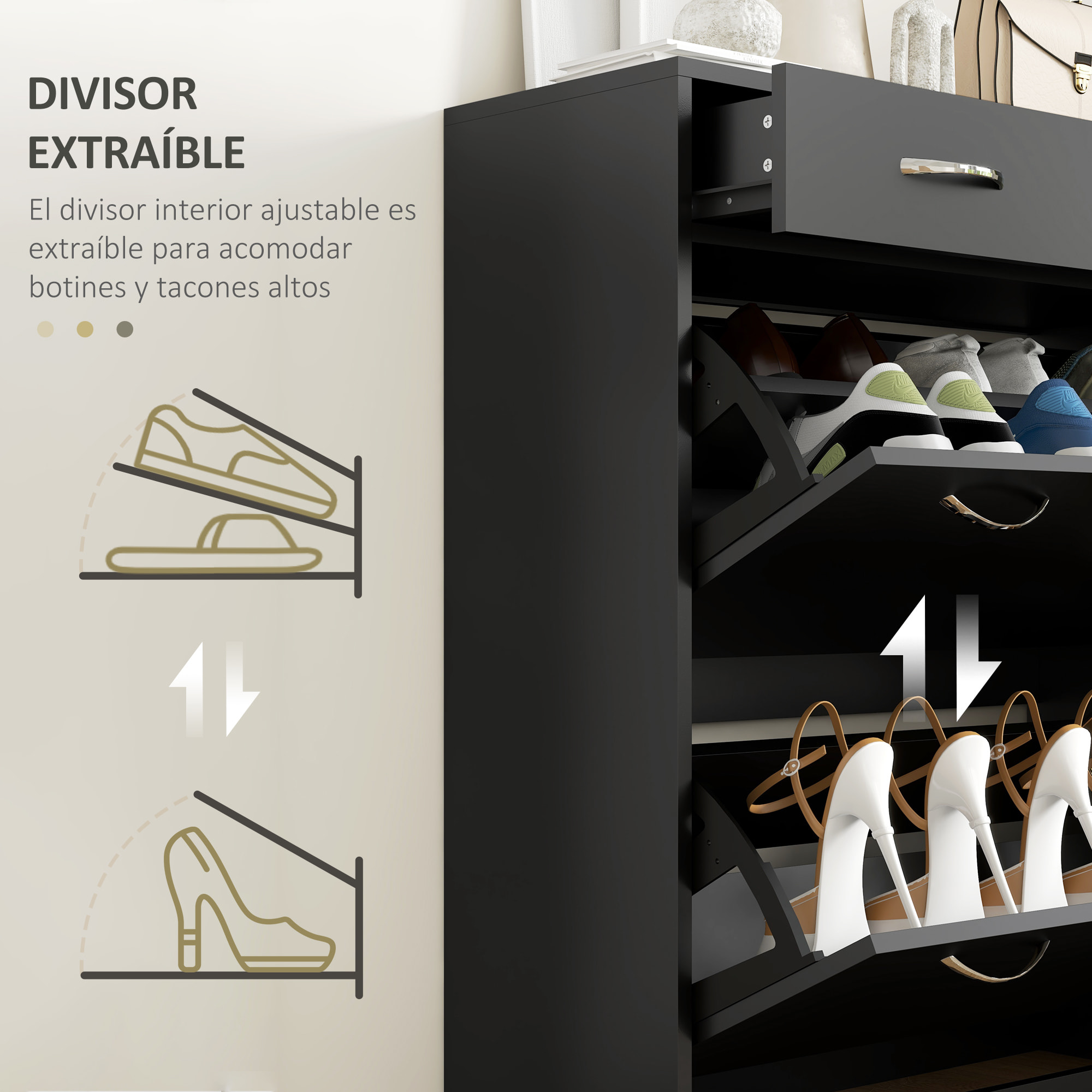 Mueble Zapatero Estrecho Zapatero Entrada Recibidor con 2 Cajones Abatibles y 2 Cajones Extraíbles para 12 Pares de Zapatos para Pasillo 80x30x91,5 cm Negro