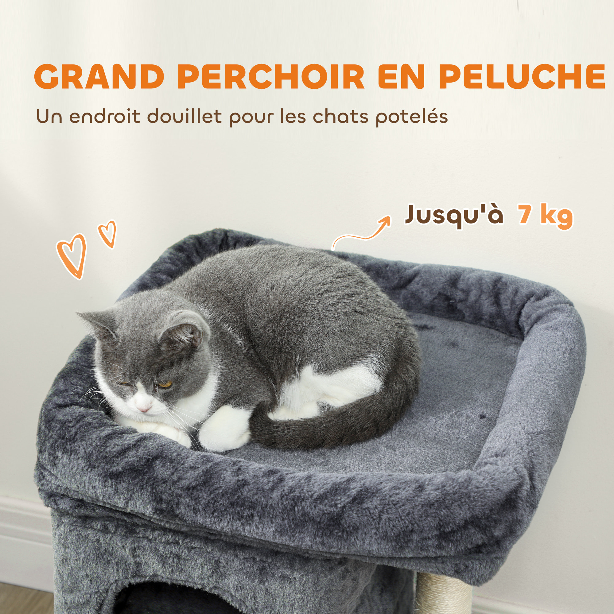 Arbre à chat griffoir 2 niches grande plateforme panier d'observation boule ressort gris