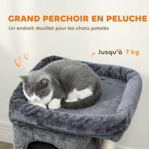Arbre à chat griffoir 2 niches grande plateforme panier d'observation boule ressort gris