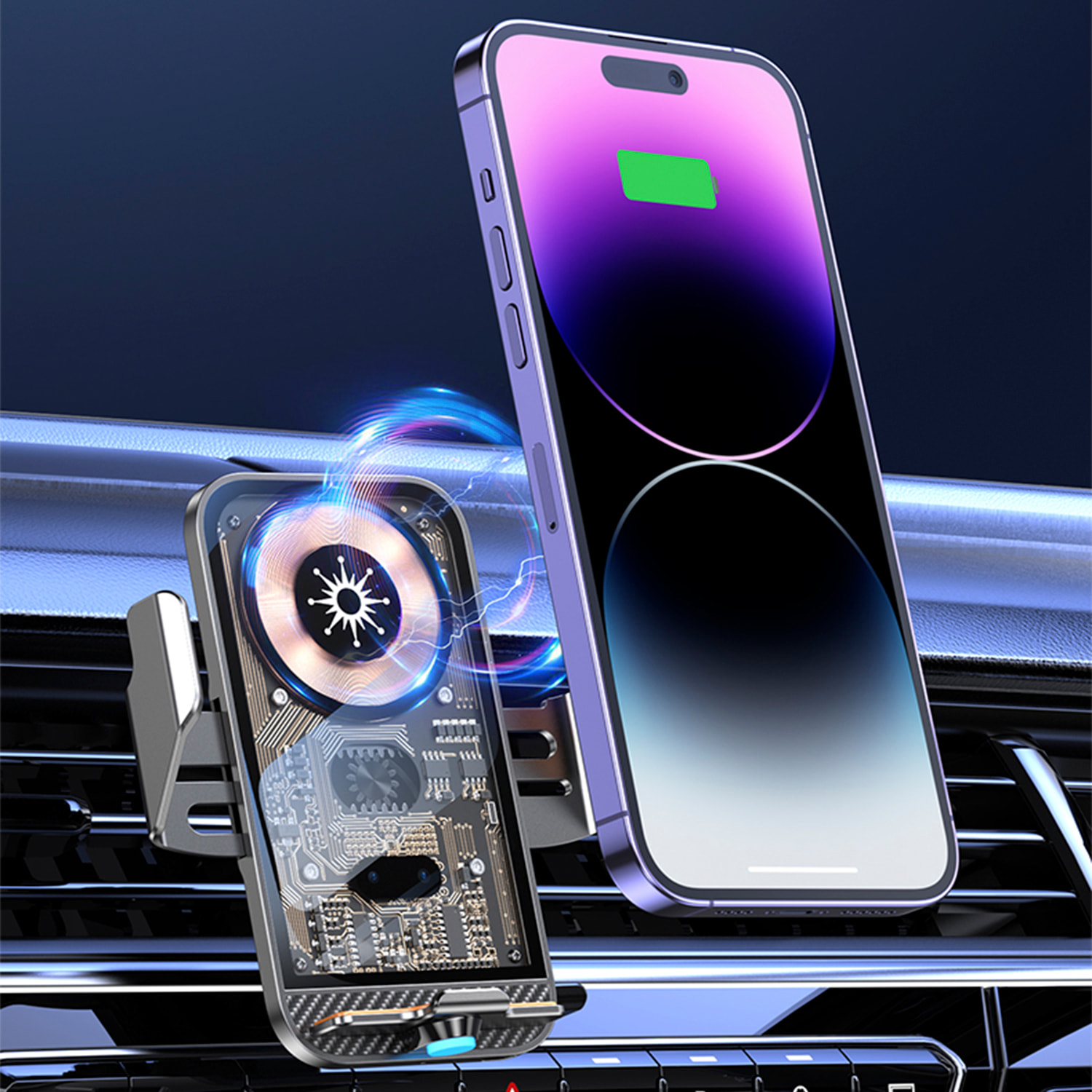 Caricabatteria da auto Qi 15W C11 con rotazione di 360°. Per l'aspirazione dell'aria. Supporta la ricarica standard con adattatori USB-C, micro USB e Lightning.