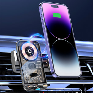 Caricabatteria da auto Qi 15W C11 con rotazione di 360°. Per l'aspirazione dell'aria. Supporta la ricarica standard con adattatori USB-C, micro USB e Lightning.