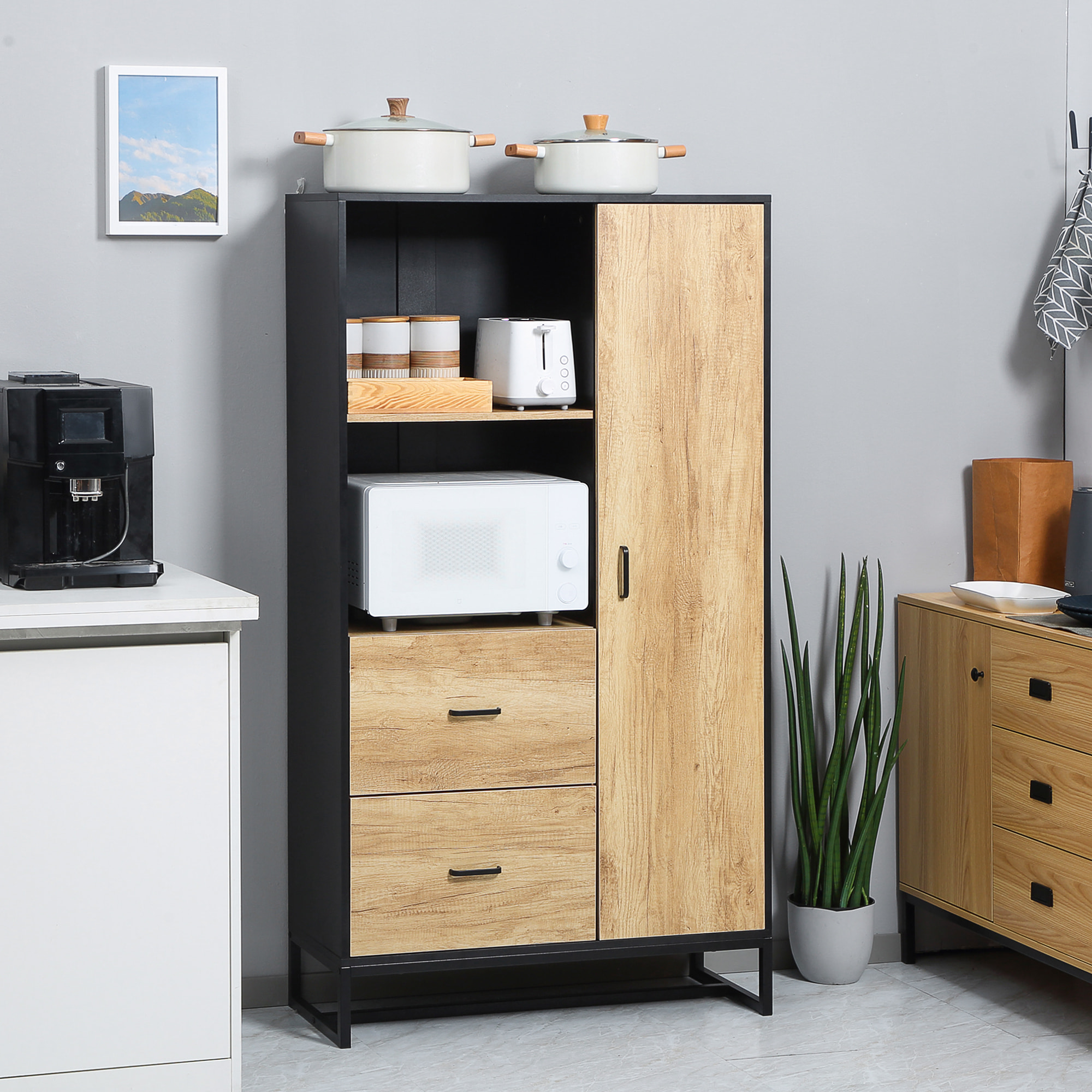 Buffet haut multi-rangement une porte 3 étagères 2 tiroirs 2 niches piètement acier noir aspect chêne clair