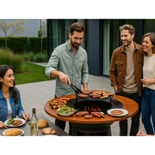 Barbecue rond avec plaque de cuisson et de gril en acier et planche en bois