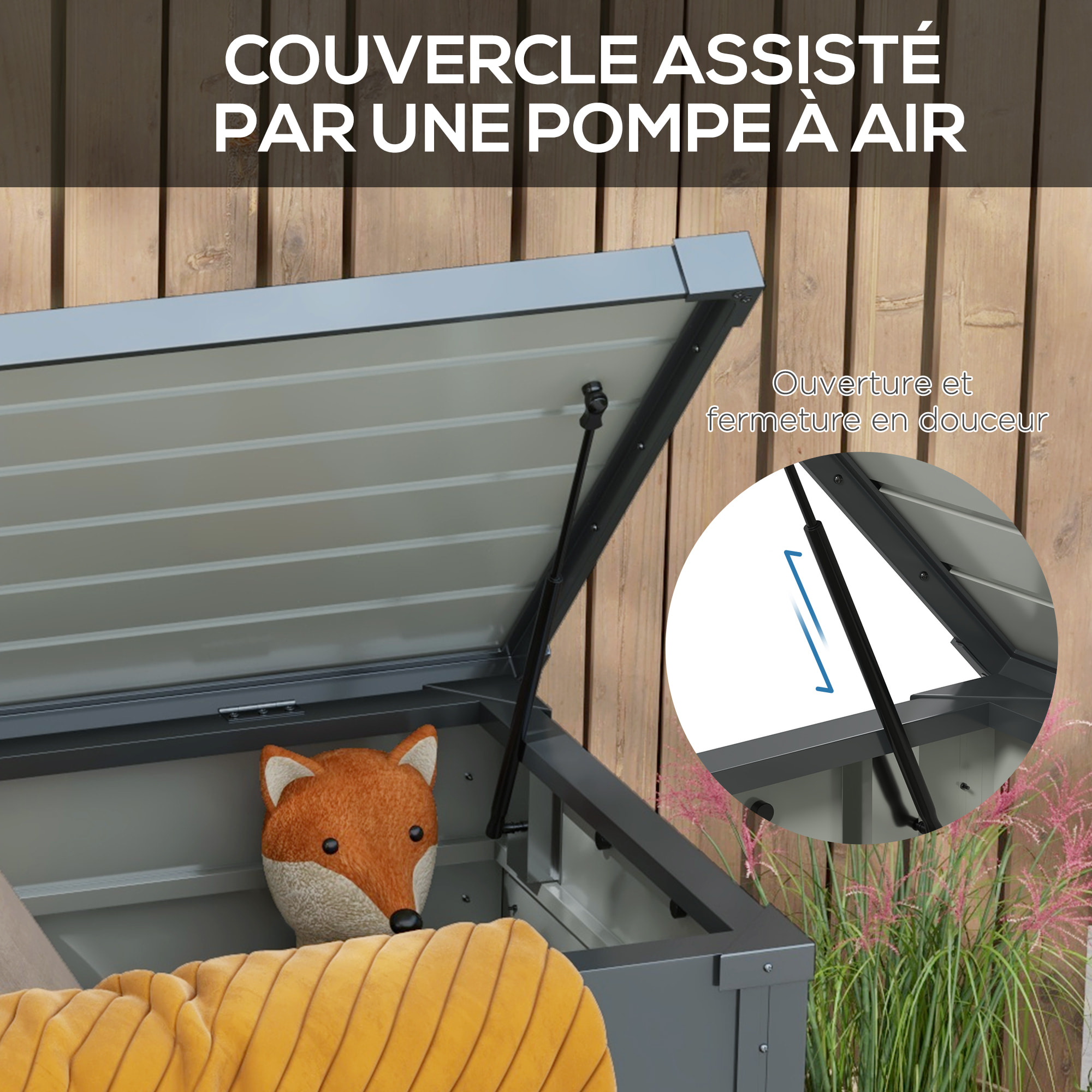 Coffre de jardin grande taille 311L verrouillable - roulettes, poignées, vérins gaz - acier anthracite