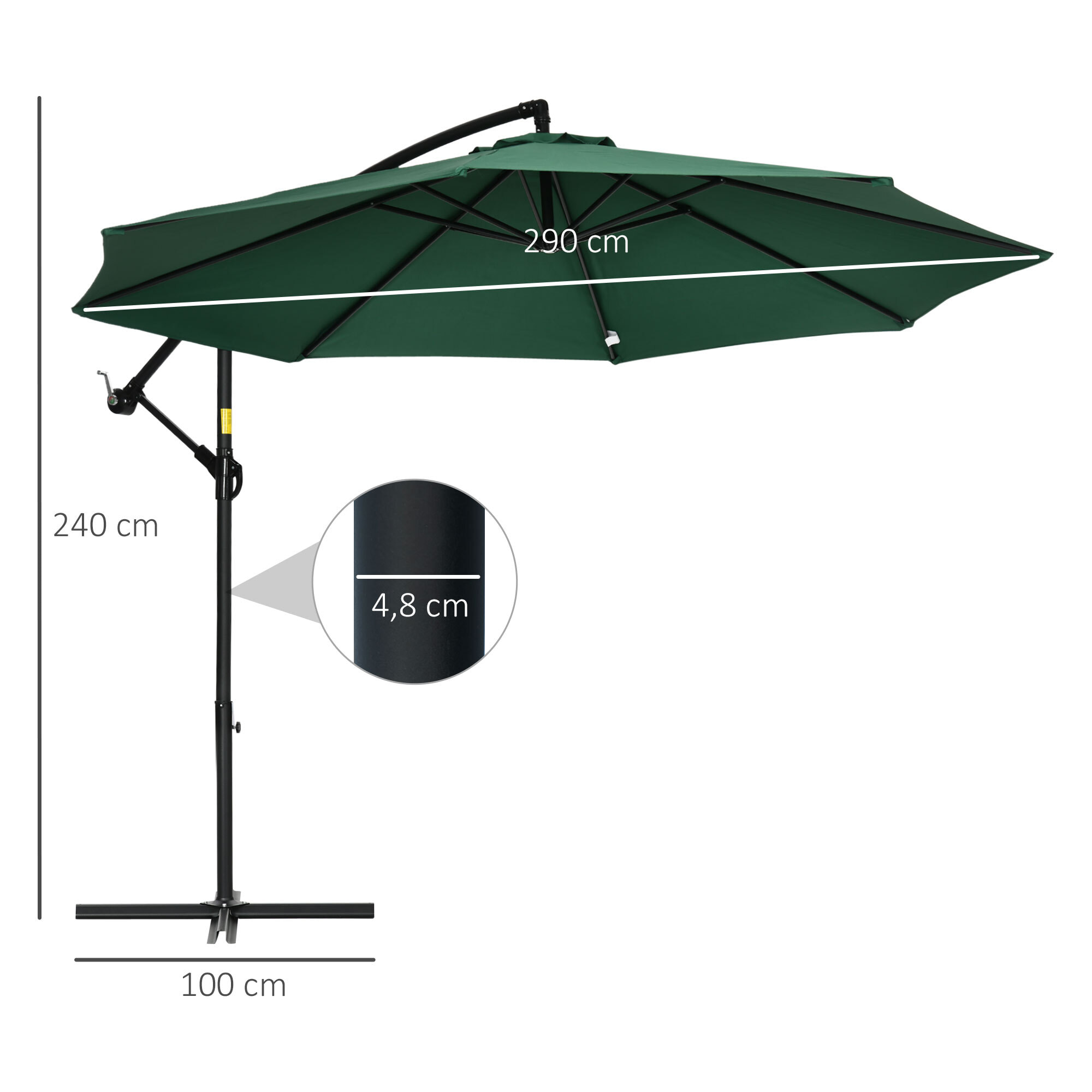 Parasol déporté octogonal inclinable pivotant manivelle pied acier Ø 2,9 x 2,4H m vert