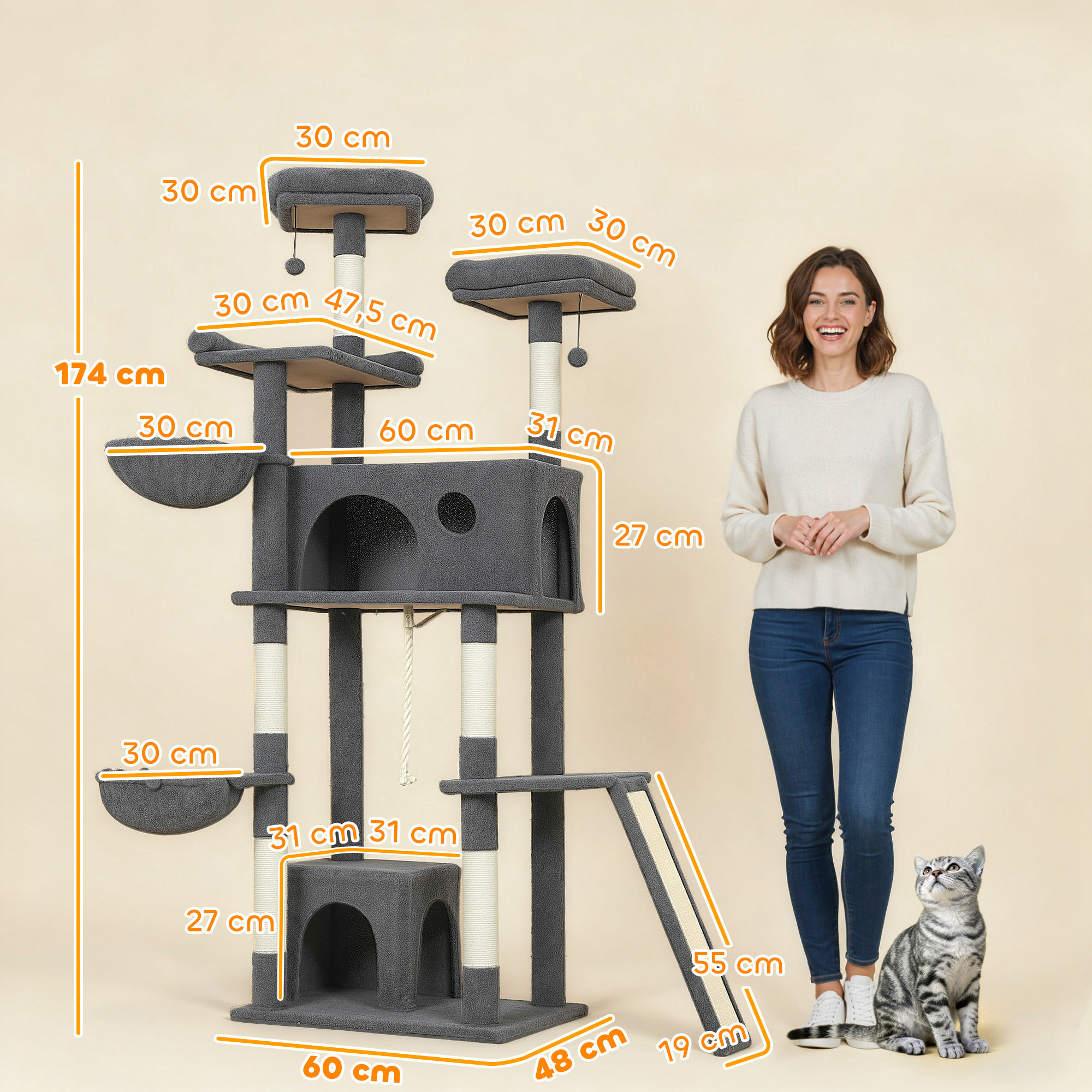Arbre à chat grande taille H.174cm plateformes hamacs jouets griffoirs grattoirs peluche gris