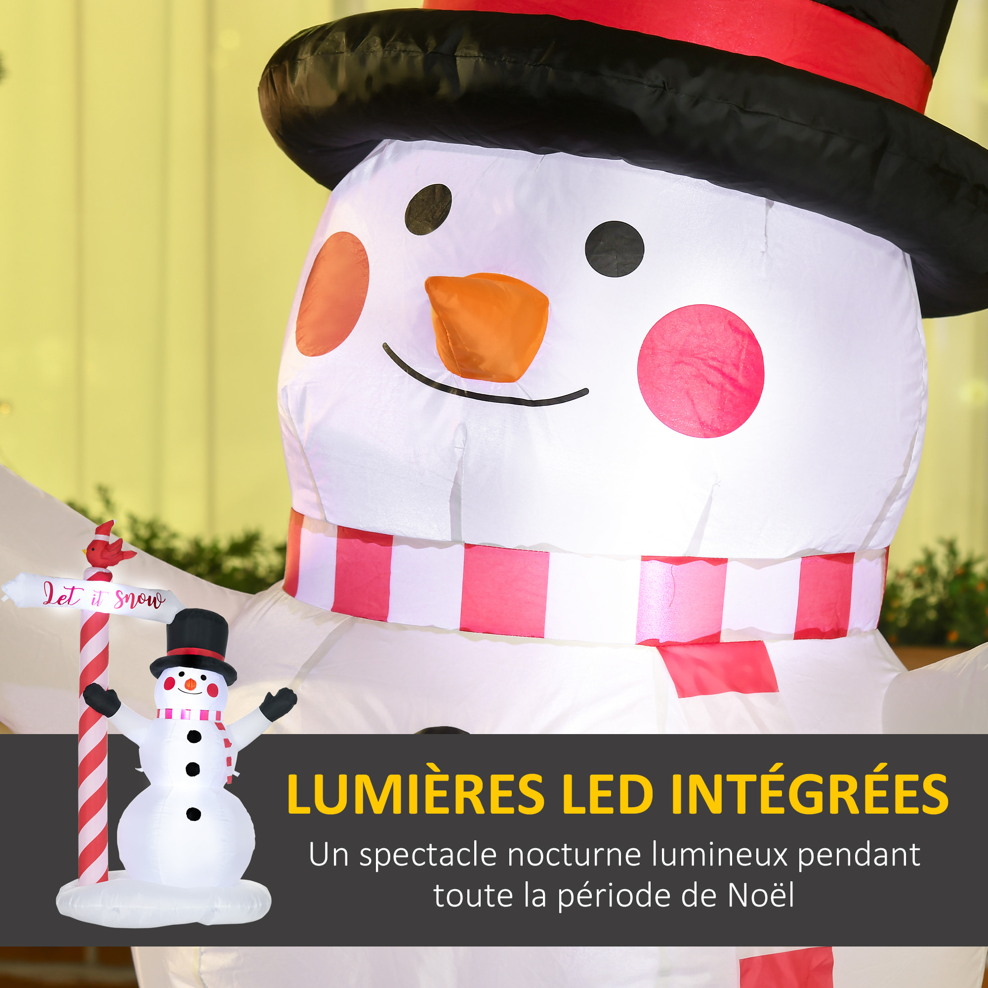 Bonhomme de neige gonflable avec pancarte 3 LED, décoration gonflable de Noël pour l'extérieur et l'intérieur, hauteur 213 cm, polyester imperméable, blanc