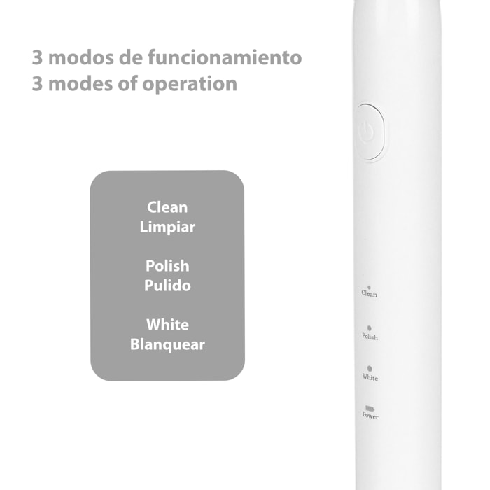 Cepillo dental eléctrico sónico ET02. Modos limpiar, pulir y blanquear. Incluye 4 cabezales.