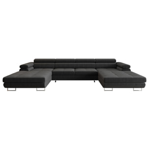 Ayden - Canapé panoramique en U 7 places convertible avec coffre et têtières réglables en tissu - Gris