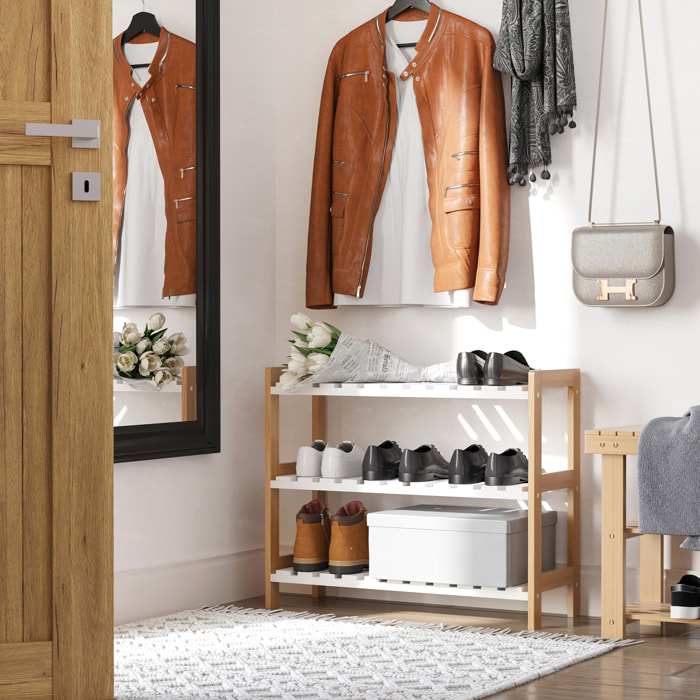 Etagère à chaussures, étagère de rangement, meuble chaussures 3 niveaux bambou MDF blanc