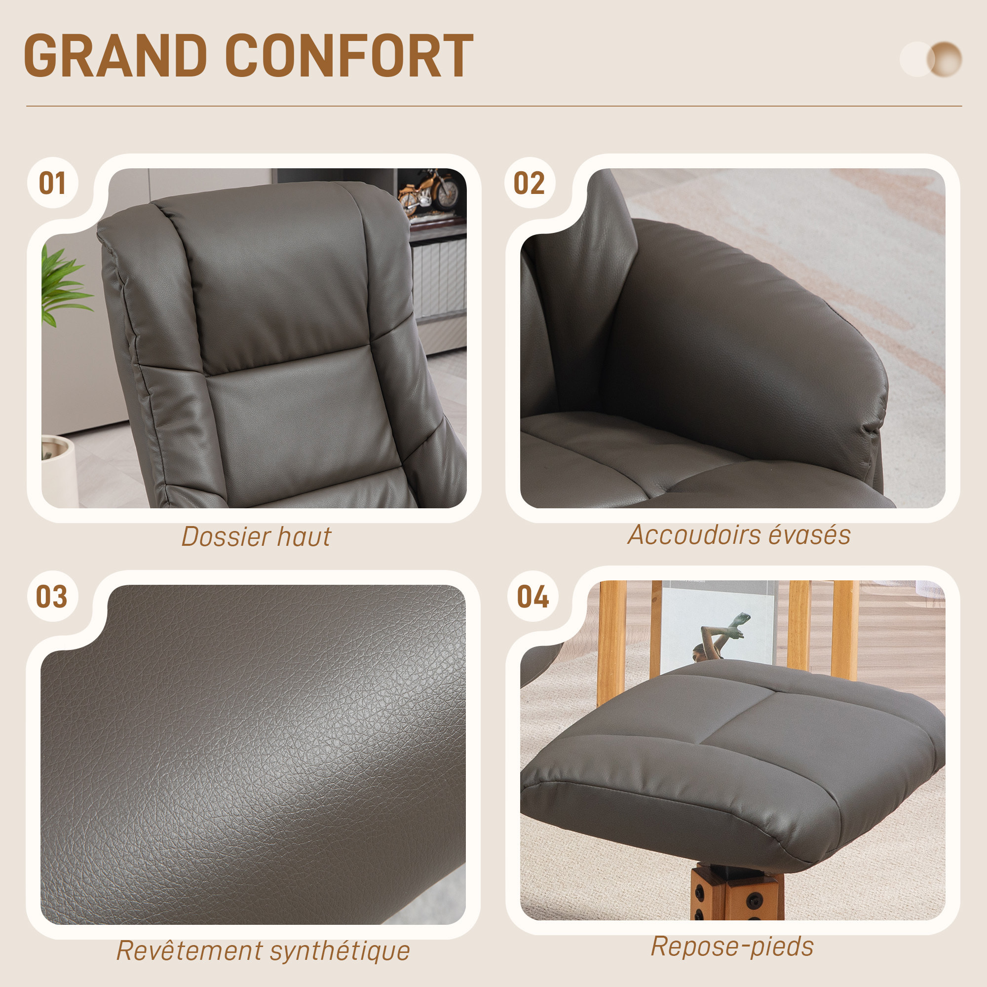 Fauteuil relax inclinable avec repose-pied assorti - fonction à bascule - bois revêtement synthétique gris