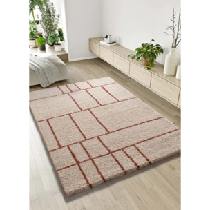HELIA Alfombra shaggy geométrica en beige y motivos caldera, varias medidas disponibles