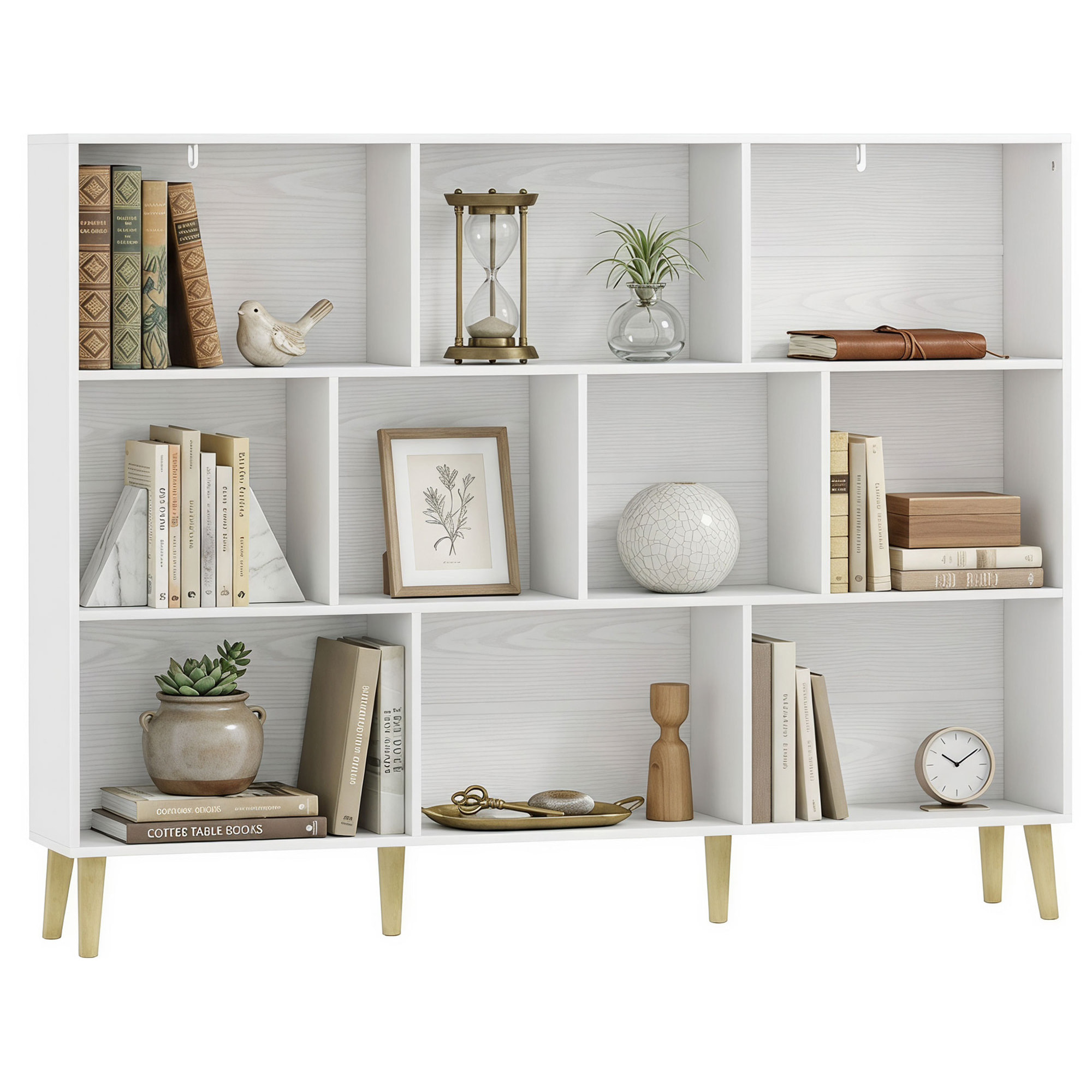 Estantería de 10 Cubos, Librería de 3 Niveles con Patas de Madera Maciza, para Dormitorio, Salón, Estudio u Oficina, 140x24x107 cm, Blanco