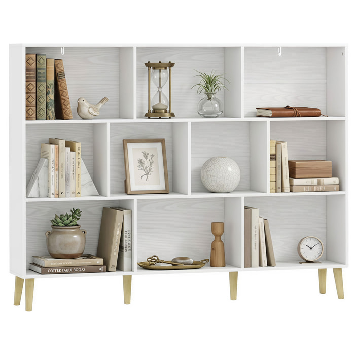 Estantería de 10 Cubos, Librería de 3 Niveles con Patas de Madera Maciza, para Dormitorio, Salón, Estudio u Oficina, 140x24x107 cm, Blanco