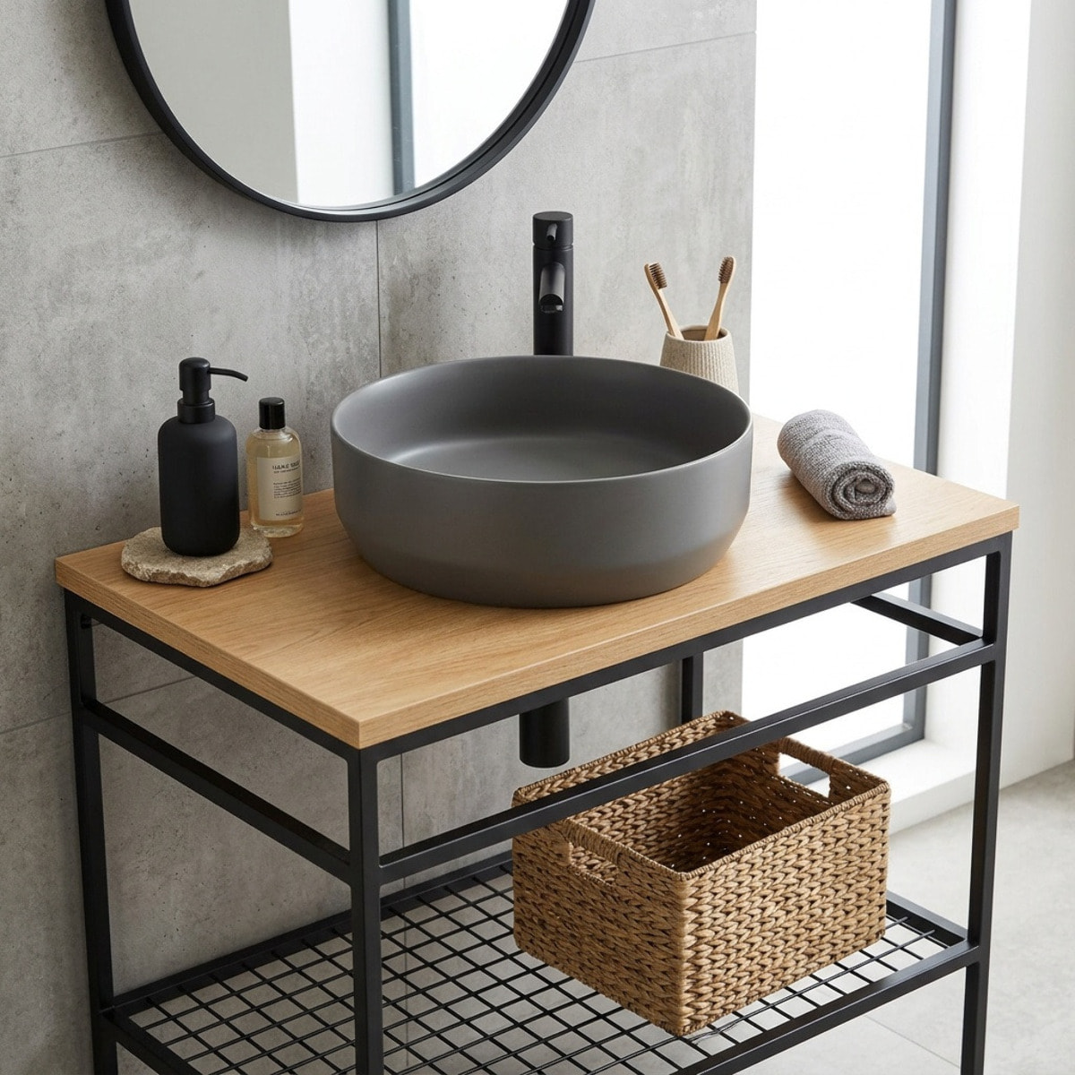 Vasque à poser ronde en céramique diamètre 39 cm - gris mat - sans trop-plein - SAT Infinitio