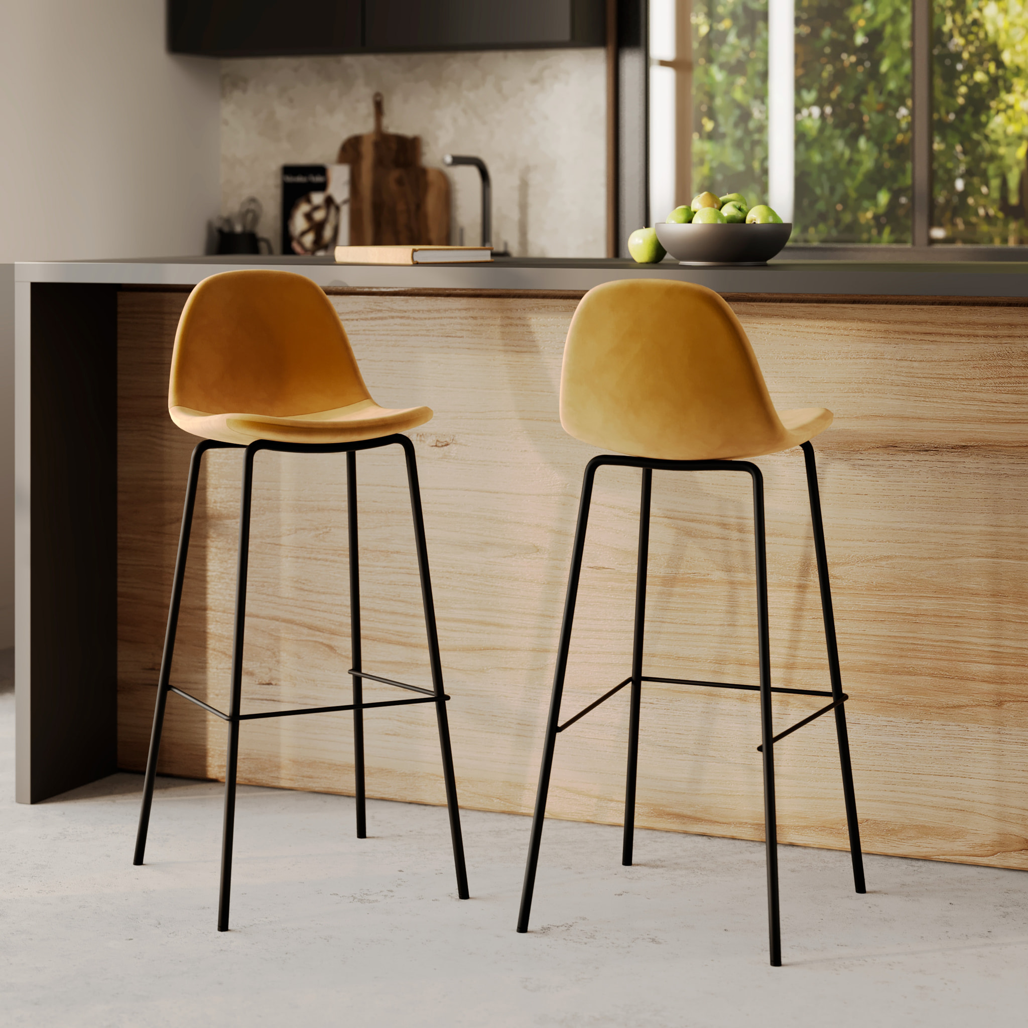 Lot de 2 chaises de bar en velours jaune 75 cm - Henrik