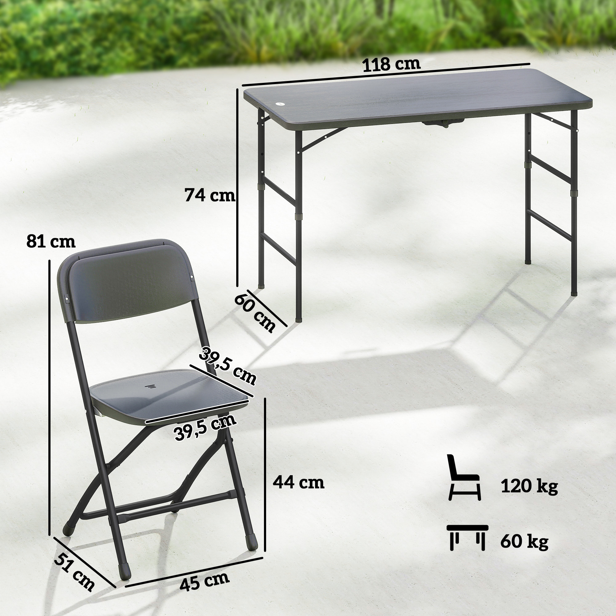 Conjunto de Mesa y Sillas Jardín de 5 Piezas, Muebles de Jardín Exterior con Mesa Plegable Ajustable de 55 a 74 cm, 4 Sillas Plegables y Encimera de HDPE, para Terraza Patio, Gris Oscuro