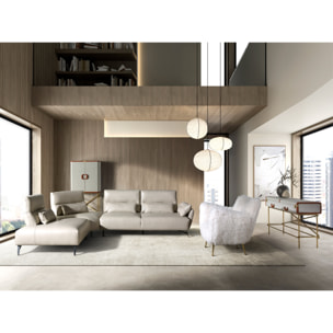 Consola rectangula en madera chapada en nogal natural con un elegante tapizado en tela gris claro 141x45x81cm