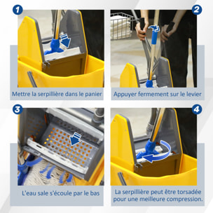 Chariot de lavage chariot de nettoyage professionnel en acier presse à mâchoire seau + rangements jaune