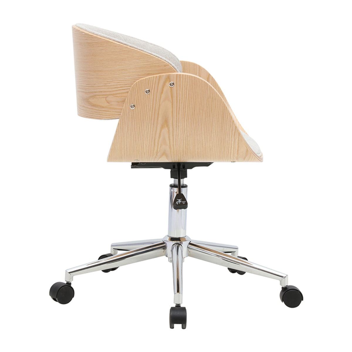 Chaise de bureau à roulettes design en tissu effet velours texturé beige, bois clair et acier chromé BENT