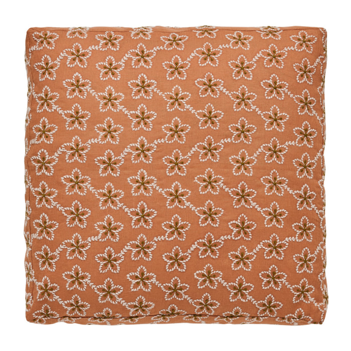 Housse de coussin brodée en lin, Made in France, FLEURS , orange moyen