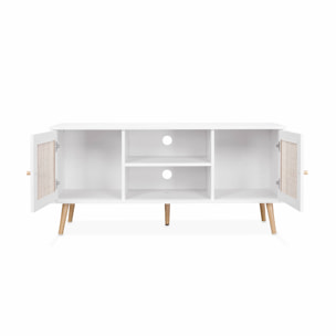 Meuble TV en cannage 120x39x56.5cm -  Bohème - Blanc. 2 niveaux. 2 étagères. 2 portes. pieds scandinaves