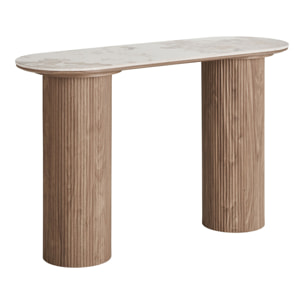 Consolle Athens piano in ceramica bianca e base in legno scanalato 120x40x78 cm