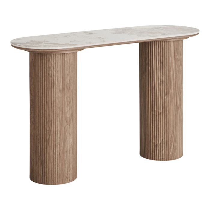 Consolle Athens piano in ceramica bianca e base in legno scanalato 120x40x78 cm