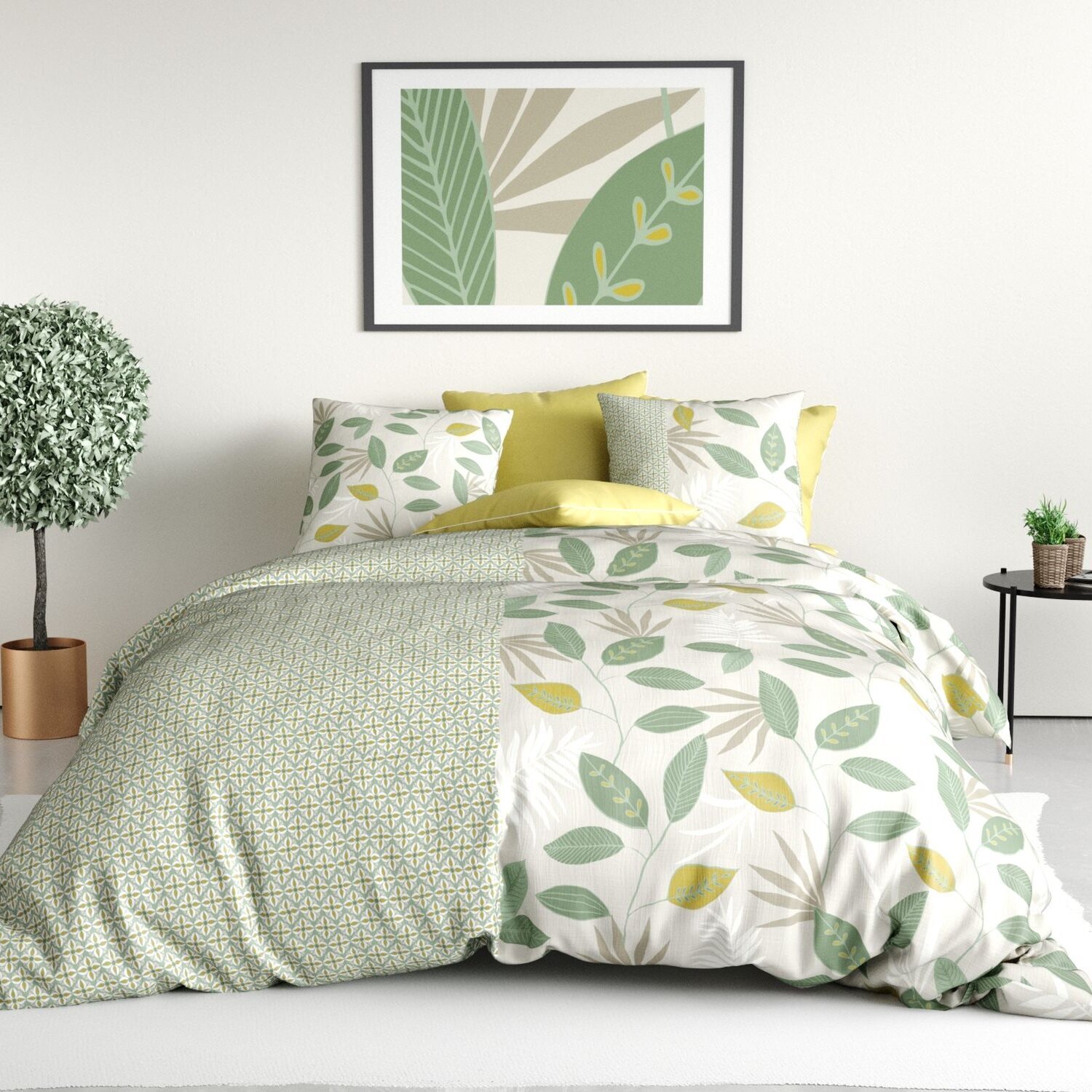 Parure housse de couette imprimé 100% coton - areca - vert