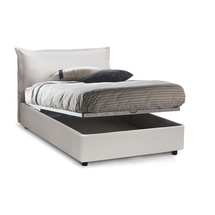 Letto piazza e mezza Clara, Letto contenitore con rivestimento in ecopelle, 100% Made in Italy, Apertura frontale, con materasso Cm 120x190 incluso, Bianco