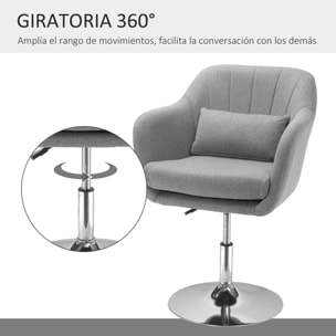 HOMCOM Taburete de Bar Giratoria 360° Silla de Oficina Cocina Peluquería con Altura Ajustable Respaldo Envolvente Reposabrazos y Cojín 60x60x79-91 cm Gris