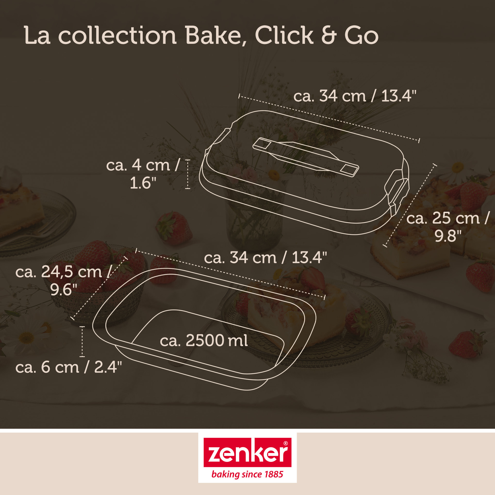 Ensemble de 2 Moules à gâteaux rectangulaire avec couvercle de transport 34 x 24 cm Zenker Bake Click and Go
