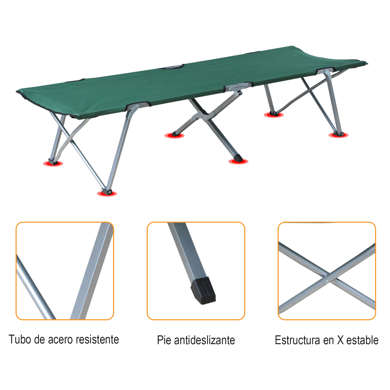 Cama de Camping Plegable Cama de Acampada con Marco Metálico Carga 136 kg para Playa Senderismo 193x64x40 cm Verde